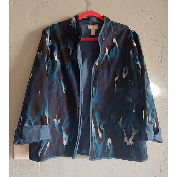 Women Blue & Black Abstract Print Jacket  Open Front, 3/4 Sleeve, Lightweight XL - Picture 4 of 11